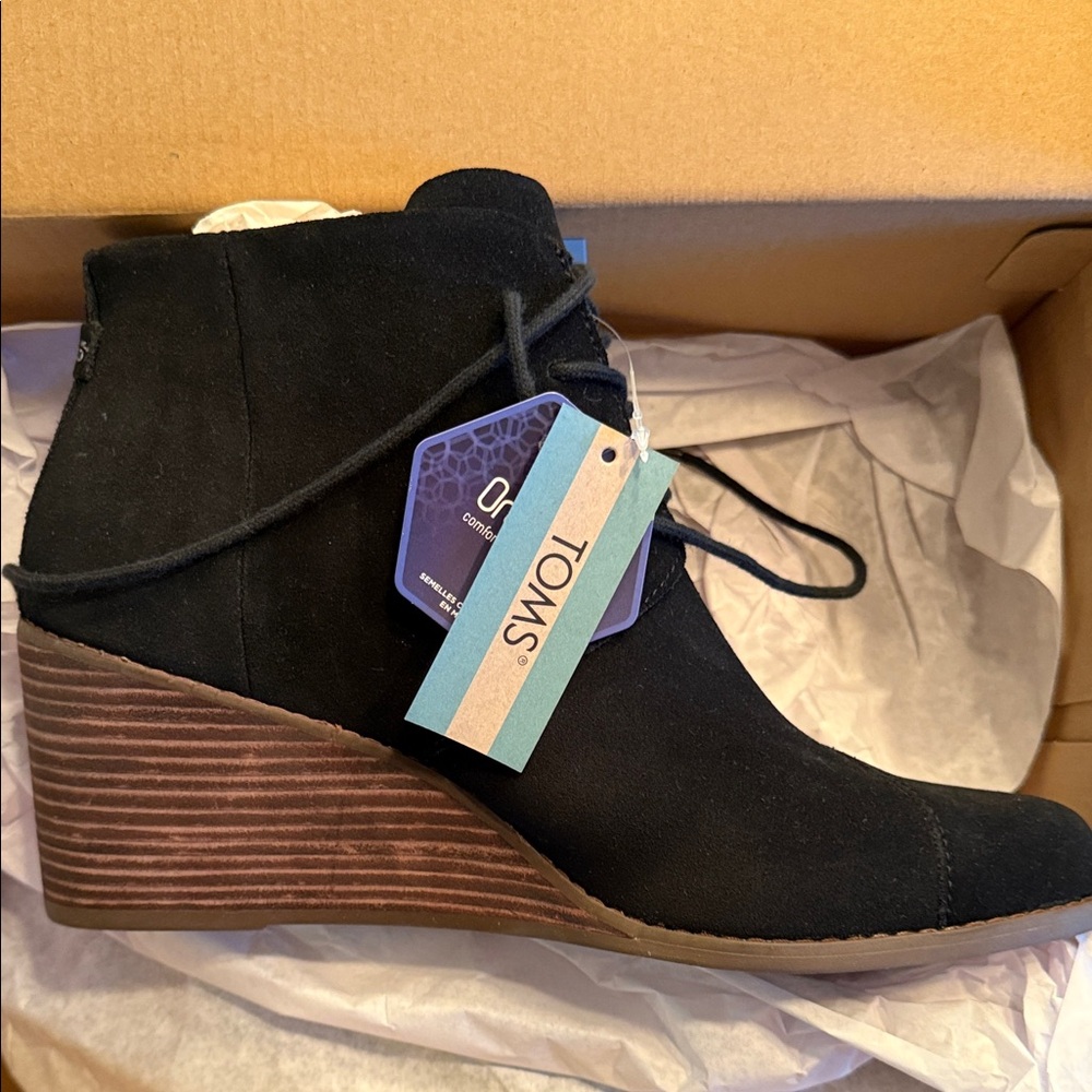 TOMS Black Suede Wedge Booties